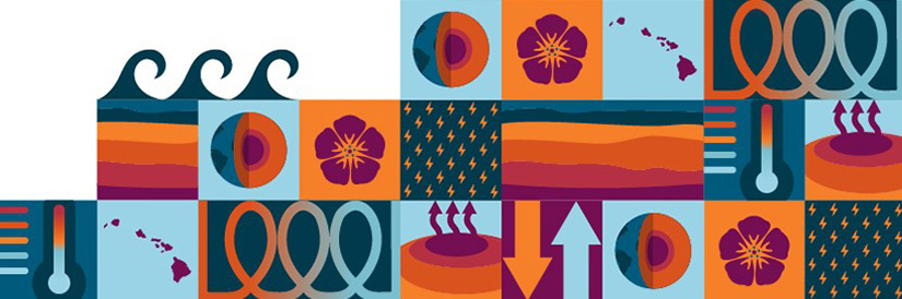 Illustration of waves, earth’s core, flower, Hawaiian islands, lighting bolts, temperature gauge, heating and cooling flow, and heat comping up from earth’s core.