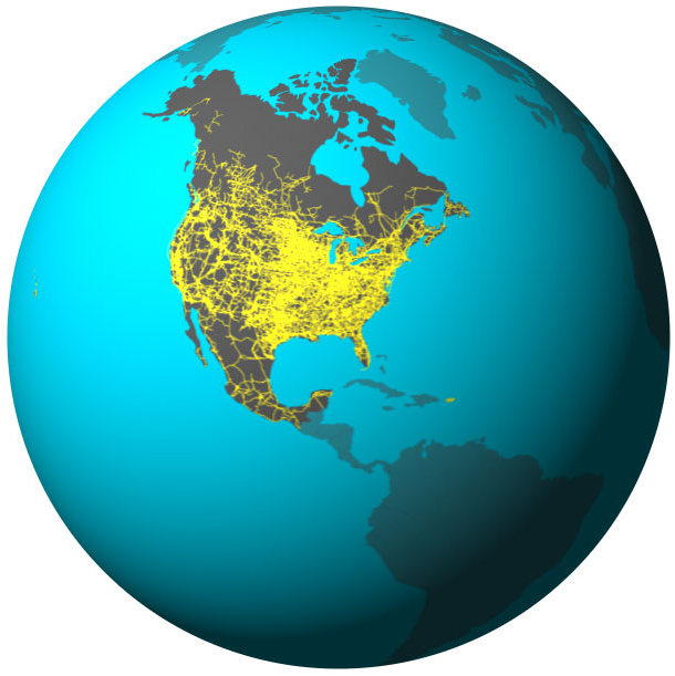 illustration-earth-grid Globe illustration highlights Canada, the United States, and Mexico with a conceptual linked power grid connecting the three countries.