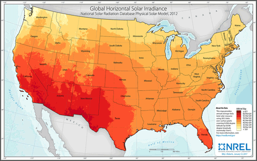map-analysis-us-solar-nsrdb-ghi-2012-1450w Graphic of a map of solar resource availability in the United States, depicting annual average daily total solar resource using 2012 data, reflecting high concentrations of solar in the South and Southwest regions.