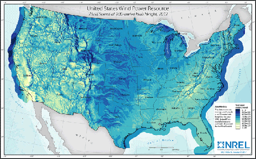 map-analysis-us-wind-toolkit-100-m-2012-1450w Graphic of a map of wind power resource in the United States, depicting average wind speeds at a 100-meter hub height for the year 2012 derived from modeled resource estimates.