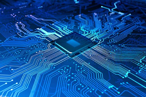 Semiconductor and circuit board with data flowing.