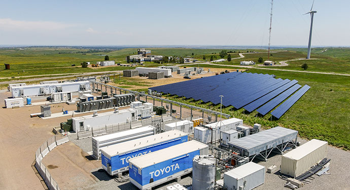 Aerial view of the hydrogen infrastructure and grid integration research pads at National Renewable Energy Laboratory’s (NREL’s) Flatirons Campus.