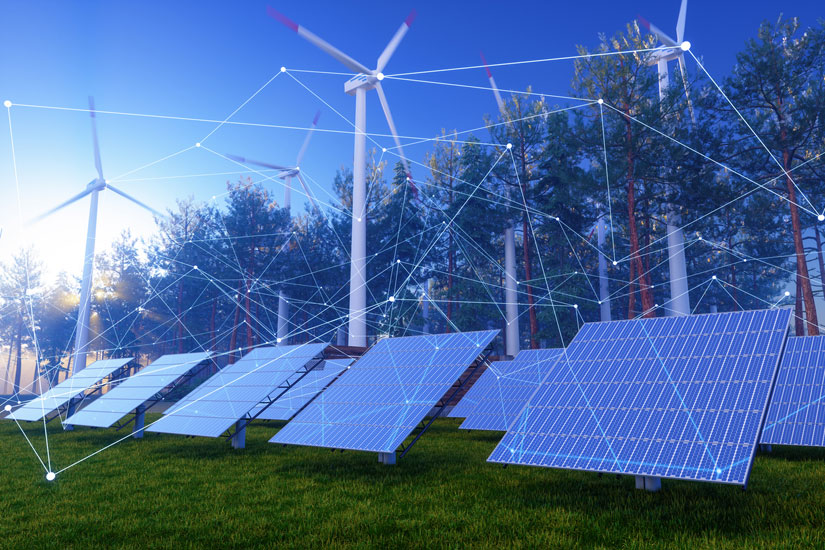 cybersecuritystandards-istock-1365973824 Solar panels and wind turbines with plexus and connection dots