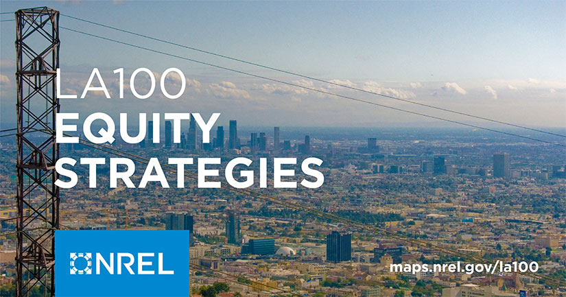 20231130-esi-newsletter-la100es Transmission pole stands above aerial view of polluted city with text overlayed that reads LA100 Equity Strategies
