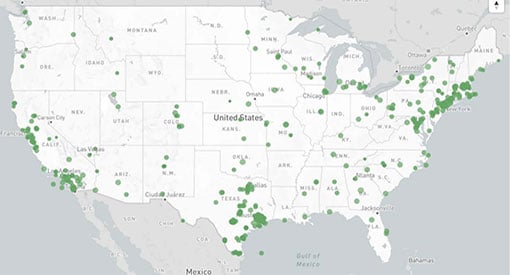 Map of United States with spots indicating intentional islands