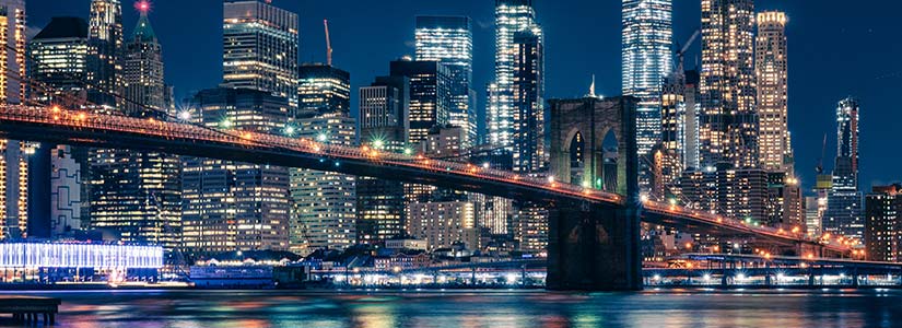 New York cityscape at night.