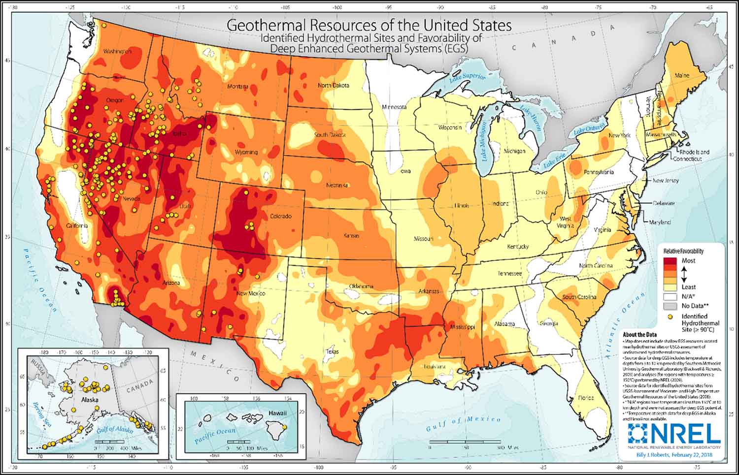 U.S. map colored with potential geothermal hotspots.