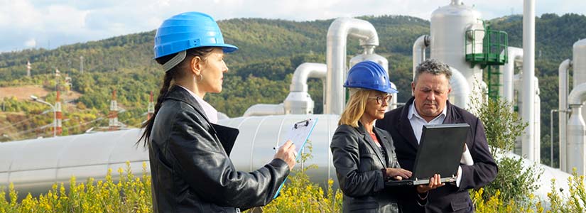 Engineers outside a geothermal power plant.