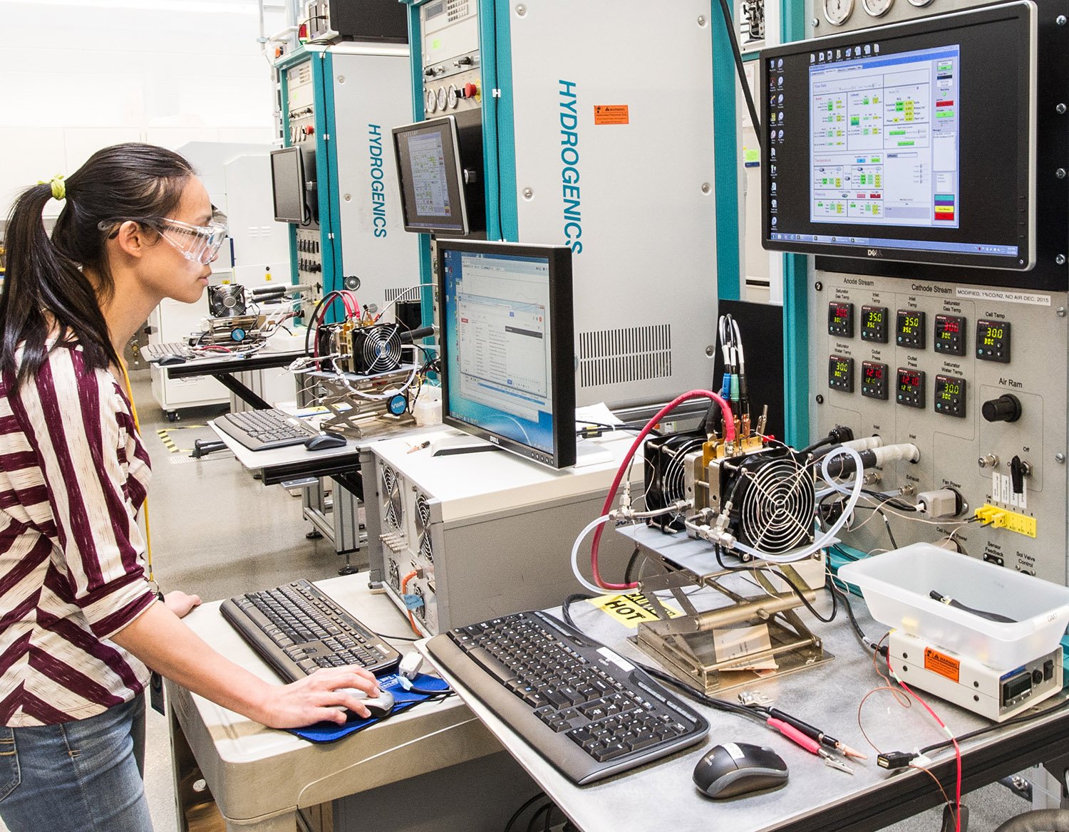 A researcher working in the Fuel Cell Development and Test laboratory