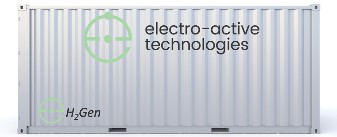 A modular container labeled "electro-active technologies" at the top and "H2Gen" at the bottom.