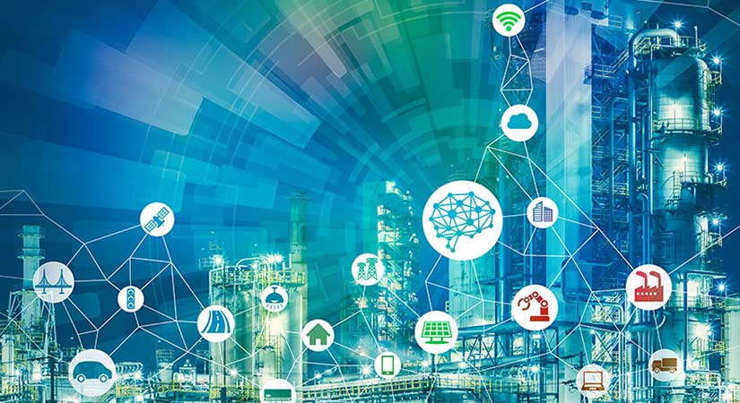 An industrial lab overlain with icons of science, technology, engineering