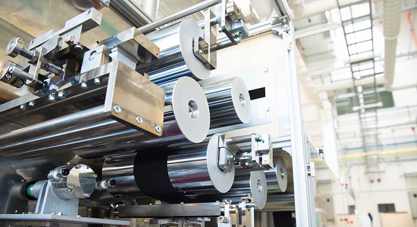 42690 Up-close view of roll-to-roll processing machinery in a laboratory setting.