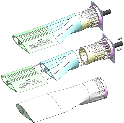 blade-graphic-nrel-paul-murdy Three illustrations of a turbine blade, with one showing different segments by color and a print of NREL’s logo, a second showing the colored segments pulled apart, and the third showing the complete piece as one color.