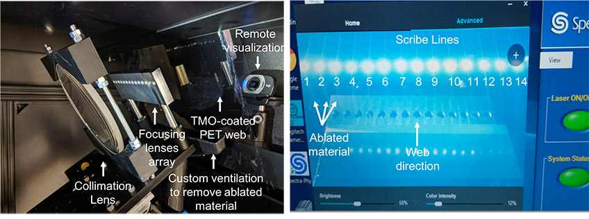 solarwindow (Left) close-up image of laser machinery. (Right) Web camera shows laser scribing process.