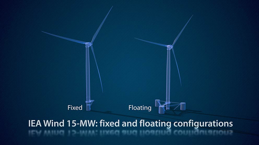 Illustration of two 15-megawatt offshore wind turbines, with fixed and floating configurations.
