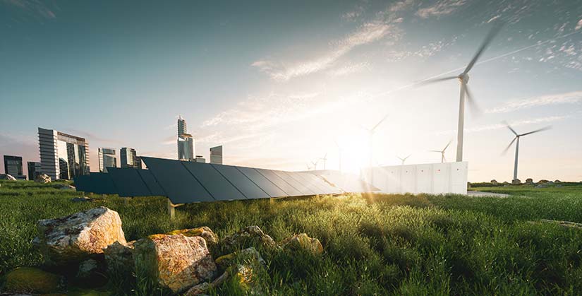 3D rendering of a future high-renewable city with frameless solar panels, battery energy storage, wind turbines, and skyscrapers in the background.