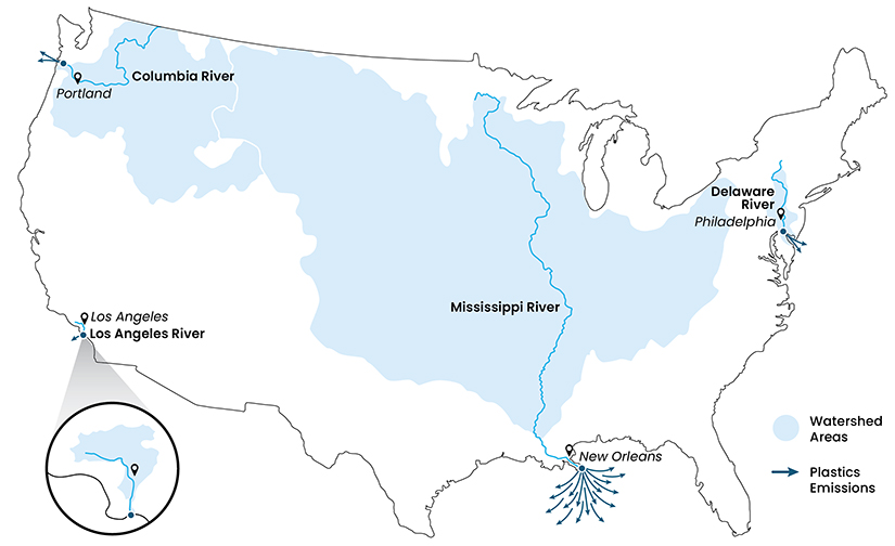 Map of U.S. Columbia, Los Angeles, Mississippi, Delaware rivers.