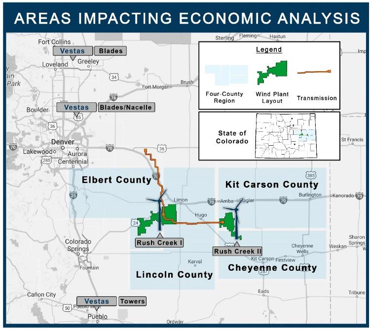 Map showing areas impacting economic analysis in the Rush Creek Wind Farm case study.