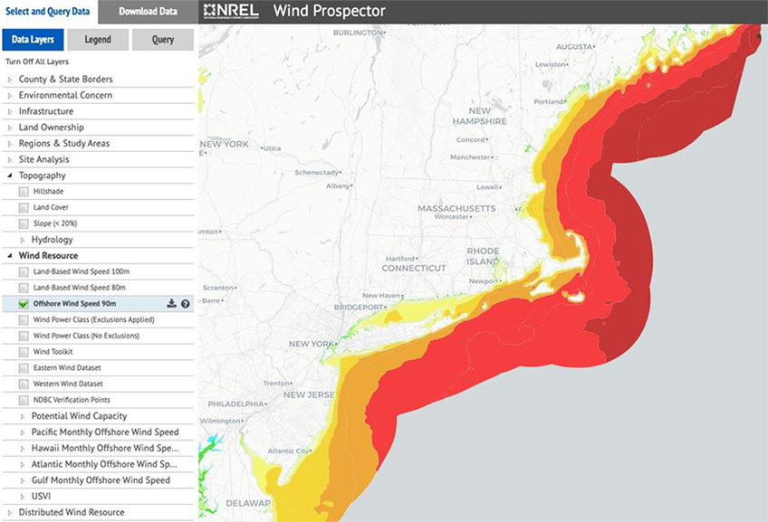 Screen capture of wind data in the Mid-Atlantic coastal region of the United States.
