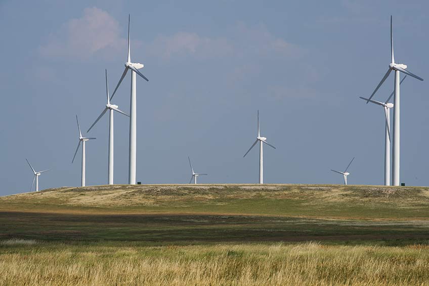 A group of wind turbines stand on a grassy hillside.