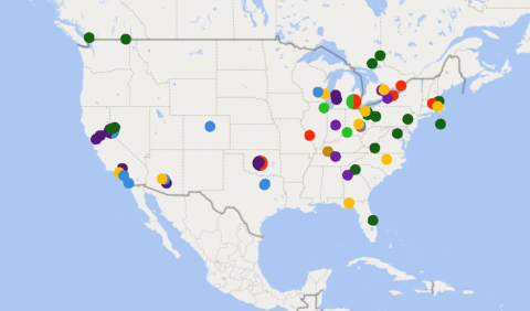 A map of the U.S. with multicolored dots indicating recycling facilities.