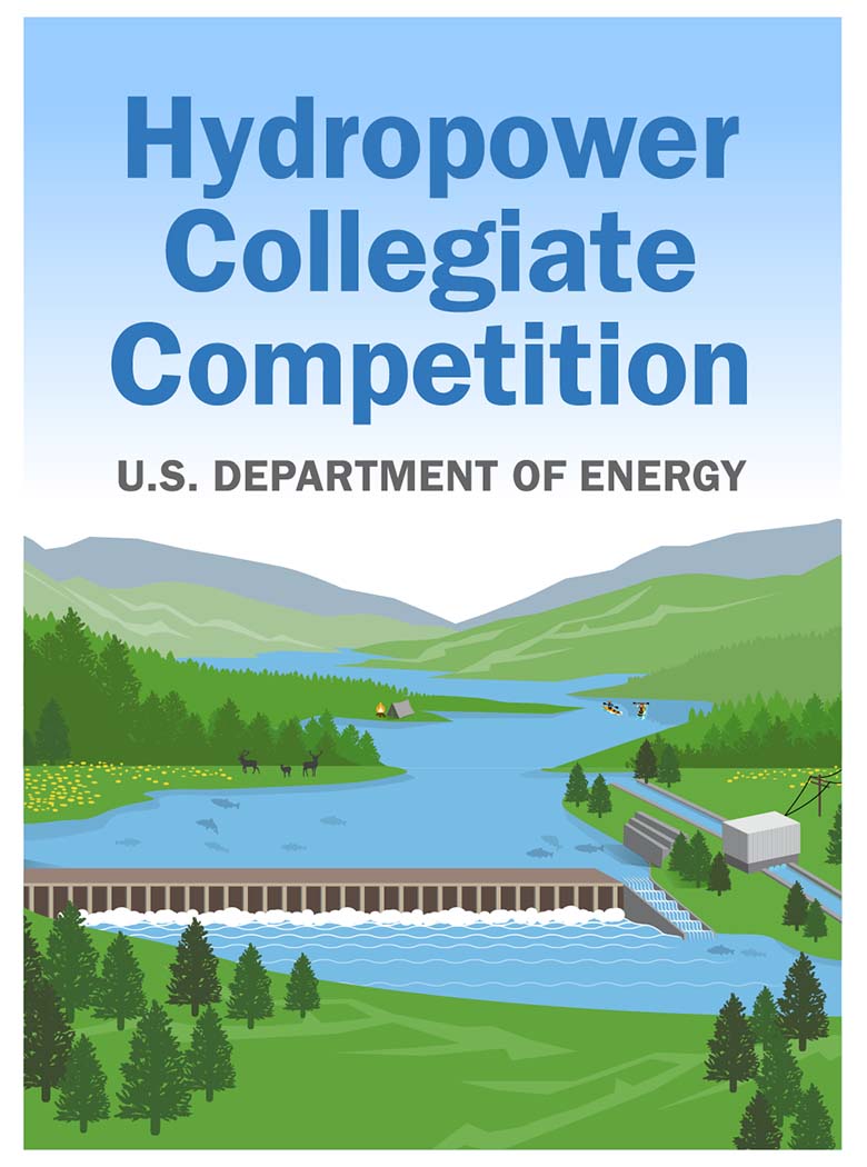 Illustration of a hydropower facility with text reading