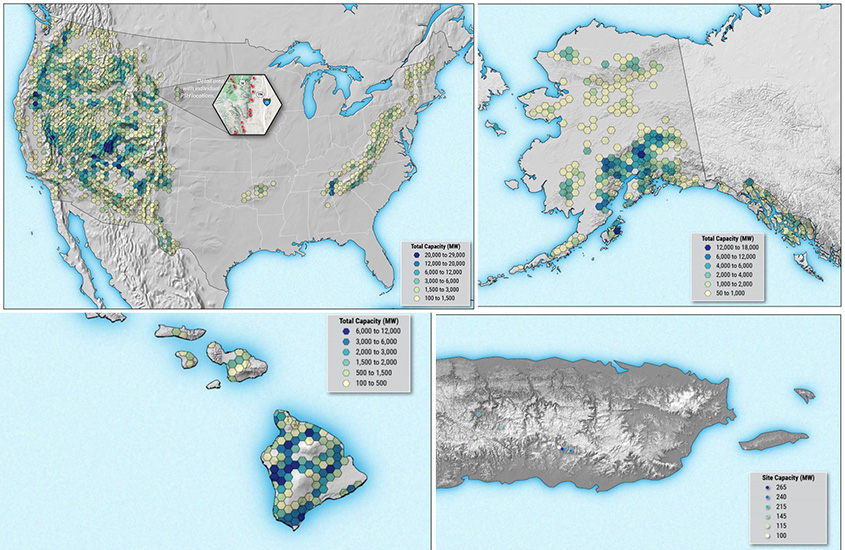 A map of the United States with shaded grid cells and points showing that closed-loop pumped storage hydropower potential covers much of the West Coast from California to Colorado as well as inland along the East Coast from Tennessee to New Hampshire and the Ozark mountains in Oklahoma and Arkansas. One hexagon is expanded to show greater detail and reads,