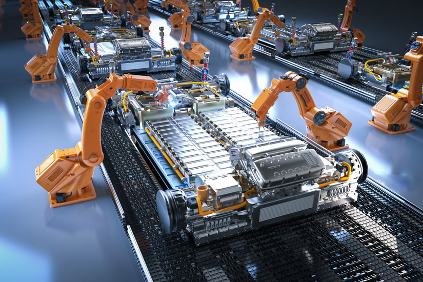 An illustration of a manufacturing line for electric vehicle batteries.