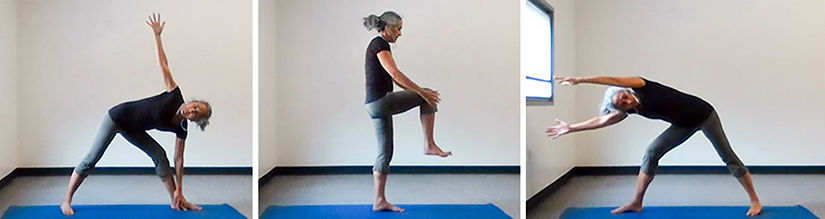 Three photos of a woman in yoga poses.