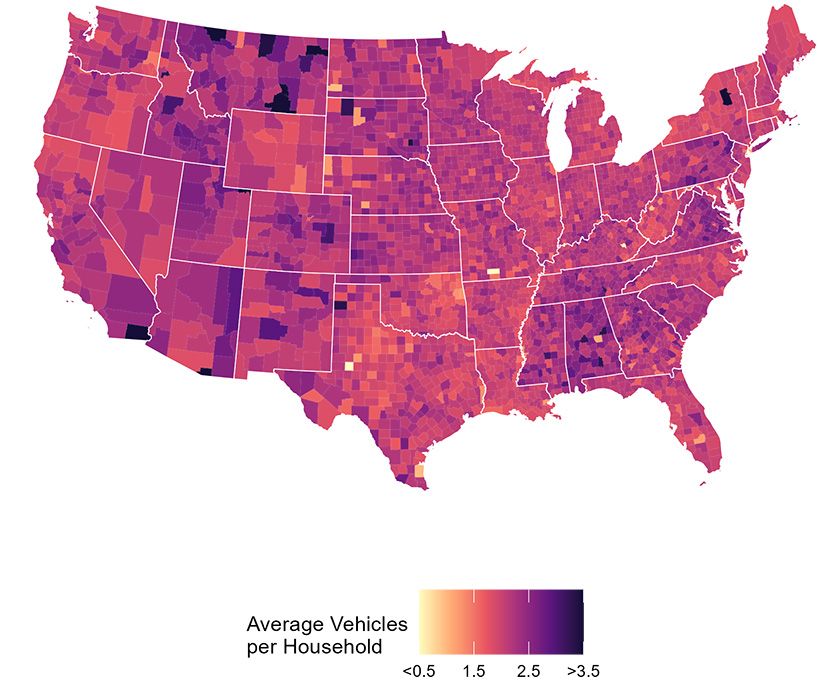 A map showing variation in vehicle ownership across the United States, with a range of average vehicles per household from < 0.5 to data-sf-ec-immutable=