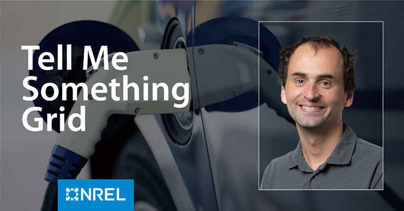 Headshot of a man overlaid on a photo of an electric vehicle charger and the text