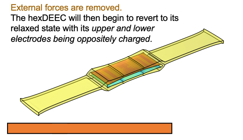 A hexDEEC with external forces removed, starting to revert to its relaxed state with oppositely charged electrodes