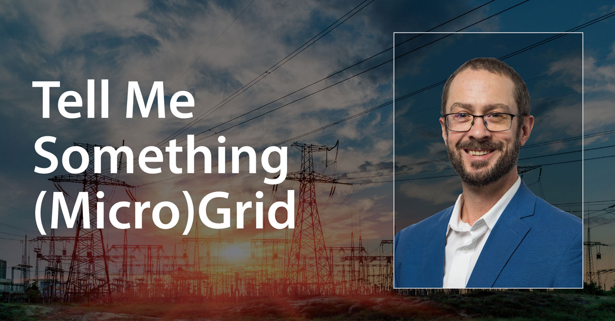 20250506-microgrids-enhance-grid-resilience-rory-mcilmoil A portrait of a man overlayed on a photo of power lines next to the text