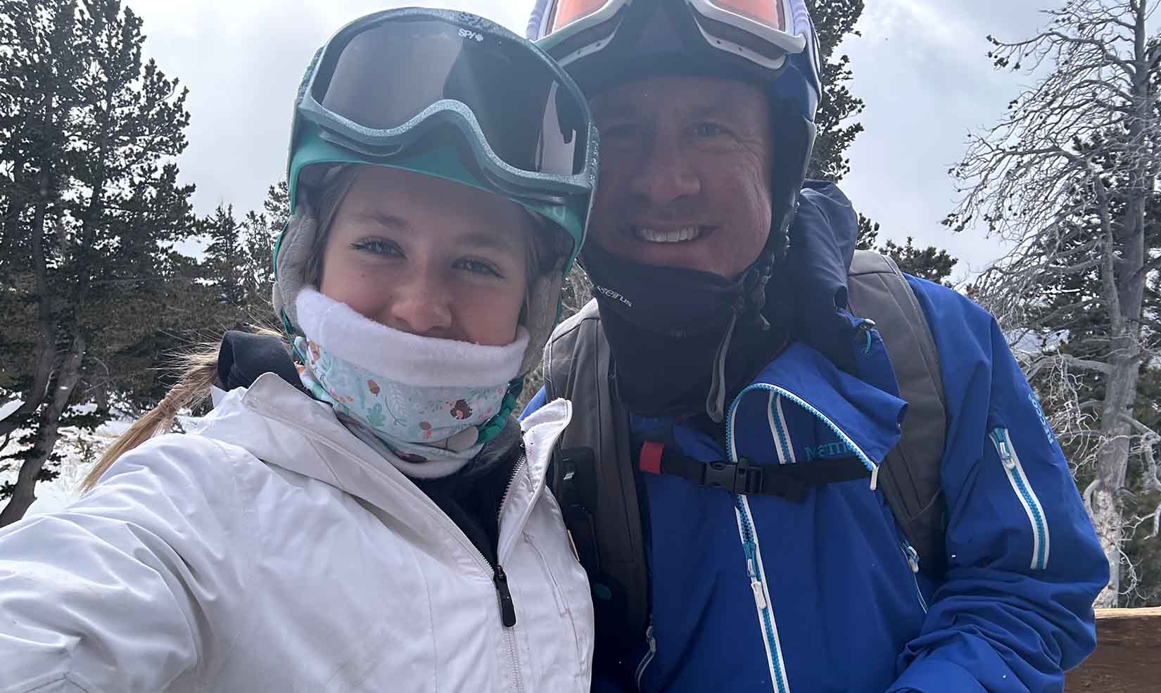 ringer-ski-body Ringer and his teenage daughter wearing ski helmets and goggles