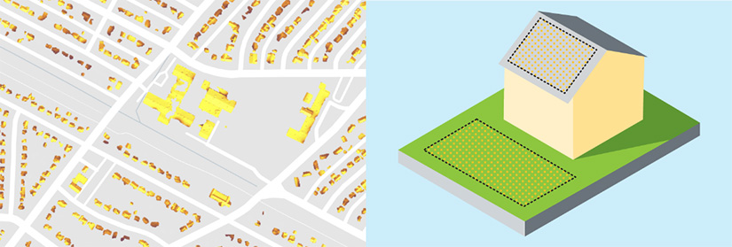 Conceptual sketch of the top of a building with the roof shaded in, and a patch on the ground nearby shaded in a crosshatch pattern. Text somewhere reads