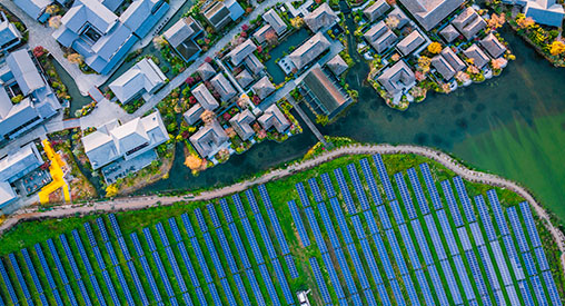 Solar power station with modern city buildings