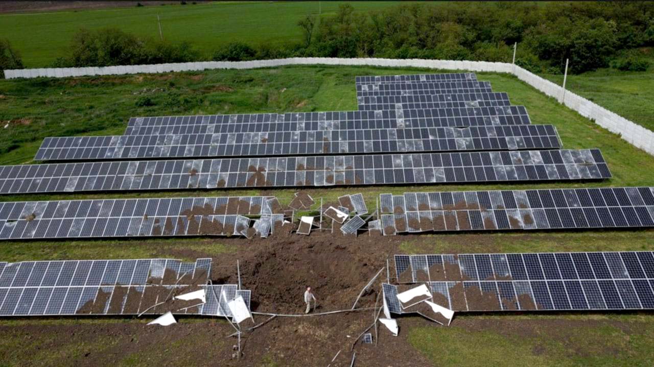 A group of damaged solar panels.