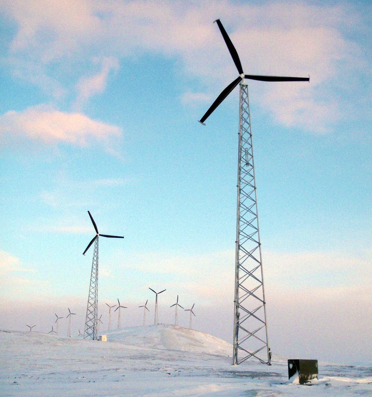 Wind turbines in a snowy landscape