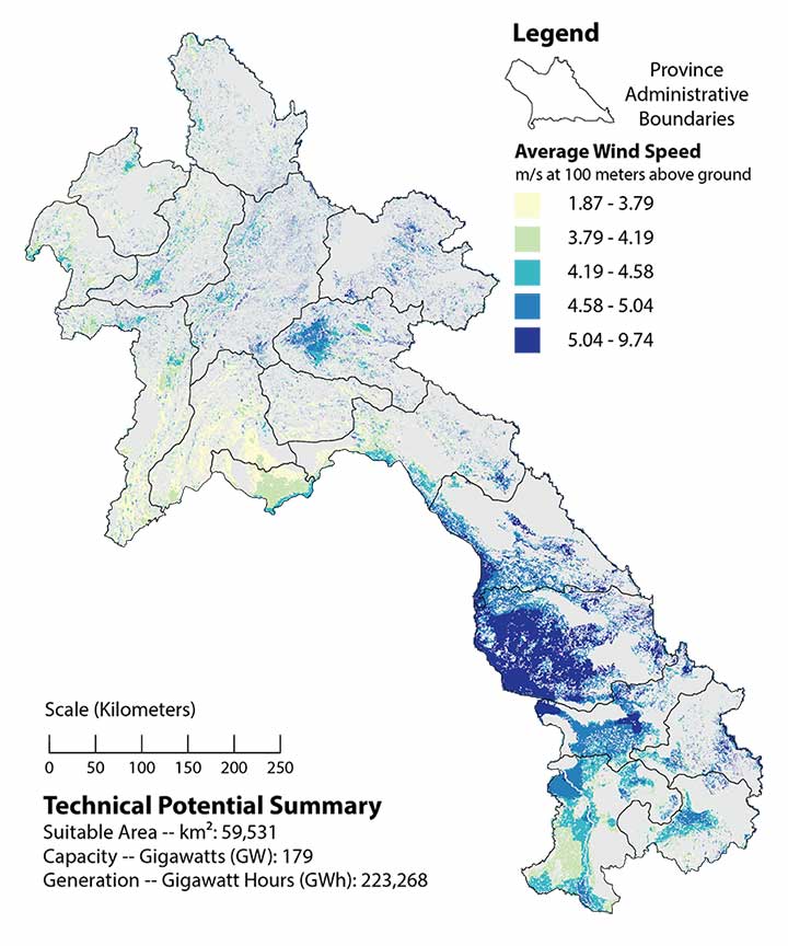 This map shows wind technical potential for suitable areas in Lao PDR.