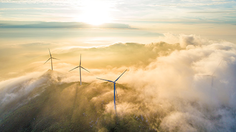 Wind turbines break free from the clouds.