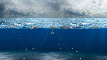 20240111-newsletter-pacwave Digital illustration of moorings attached to a variety of wave energy devices.