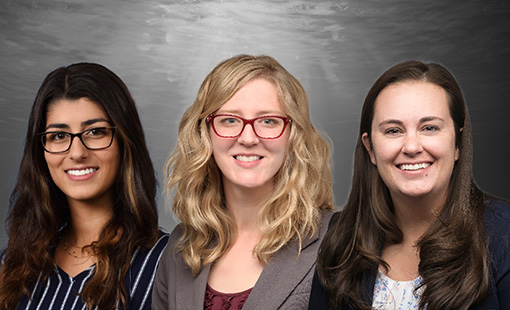 Three women's headshots overlain over a black-and-white underwater scene with water icons.