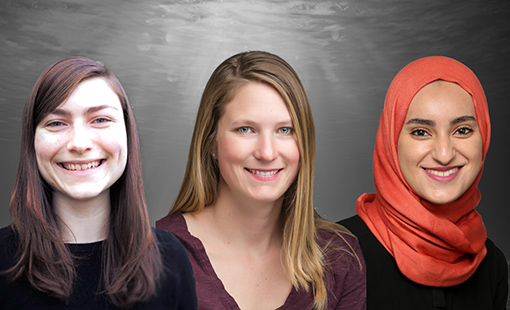 Three women's headshots overlain over a black-and-white underwater scene with water icons.