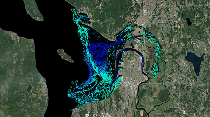 an aerial photo of a river mouth overlain with colored lines