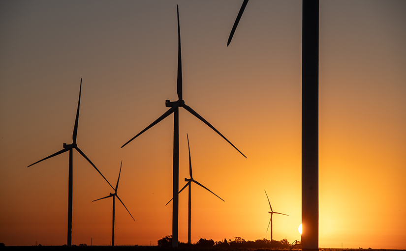 A sunrise behind a wind farm.