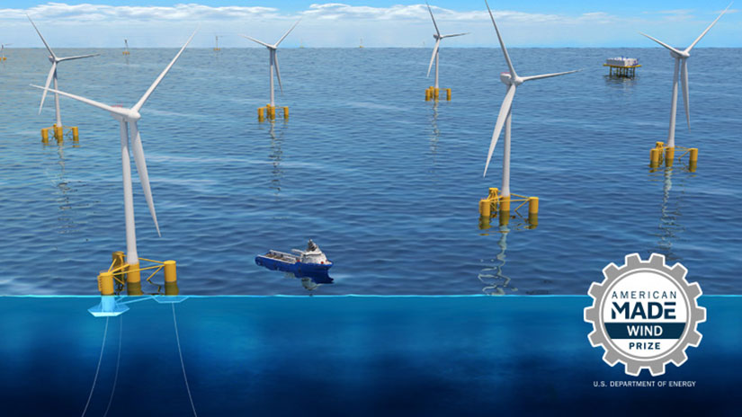 A graphic illustration of several floating offshore wind turbines and a boat overlain by an “American Made Wind Prize, U.S. Department of Energy” logo.