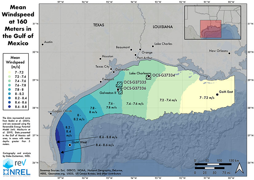 A map titled, Mean Windspeed at 160 Meters in the Gulf of Mexico, features NREL and ReV logos and shows increasing wind speeds from east to west in the gulf, ranging from 7 to 8.8 meters per second.