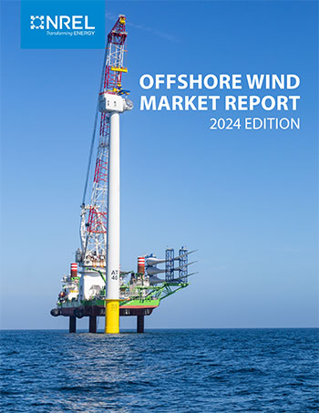 A wind turbine being built in the ocean with NREL logo and text overlayed that reads Offshore Wind Market Report 2024 Edition