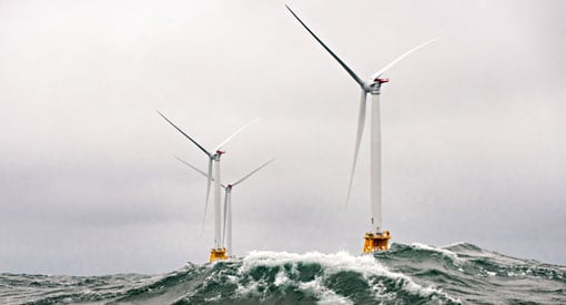 Heavy seas engulf the Block Island Wind Farm.