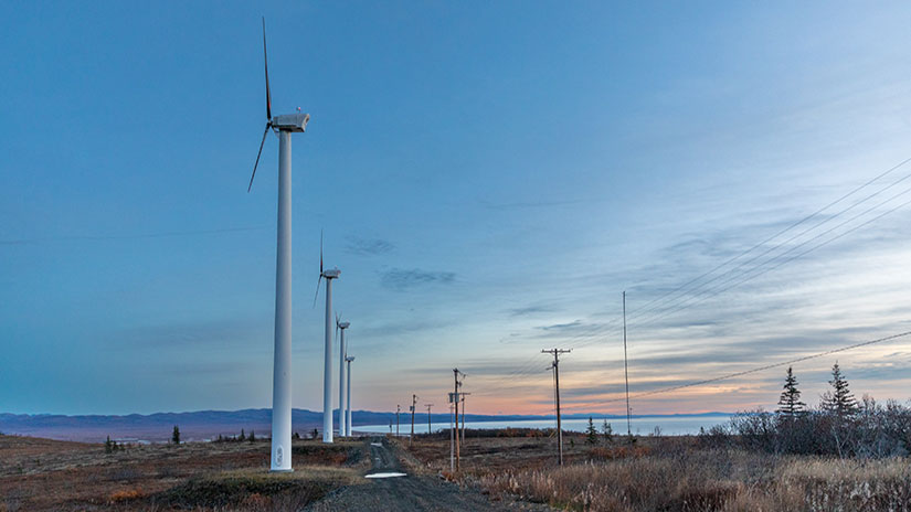 Wind tubines at dusk